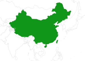 現在の中国と台湾の場所を緑色で色分け